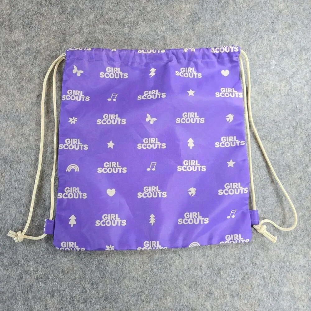 Girl Scouts Drawstring Backpack Cinch Sack Purple White Text Hearts Stars Music